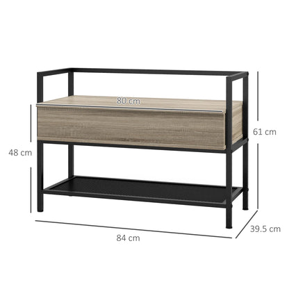 HOMCOM Schuhbank mit Klappdeckel und verstecktem Fach sowie unterer Gitterablage für 4 Paar Schuhe für Flur und Wohnzimmer 84x39,5x61 cm Eiche
