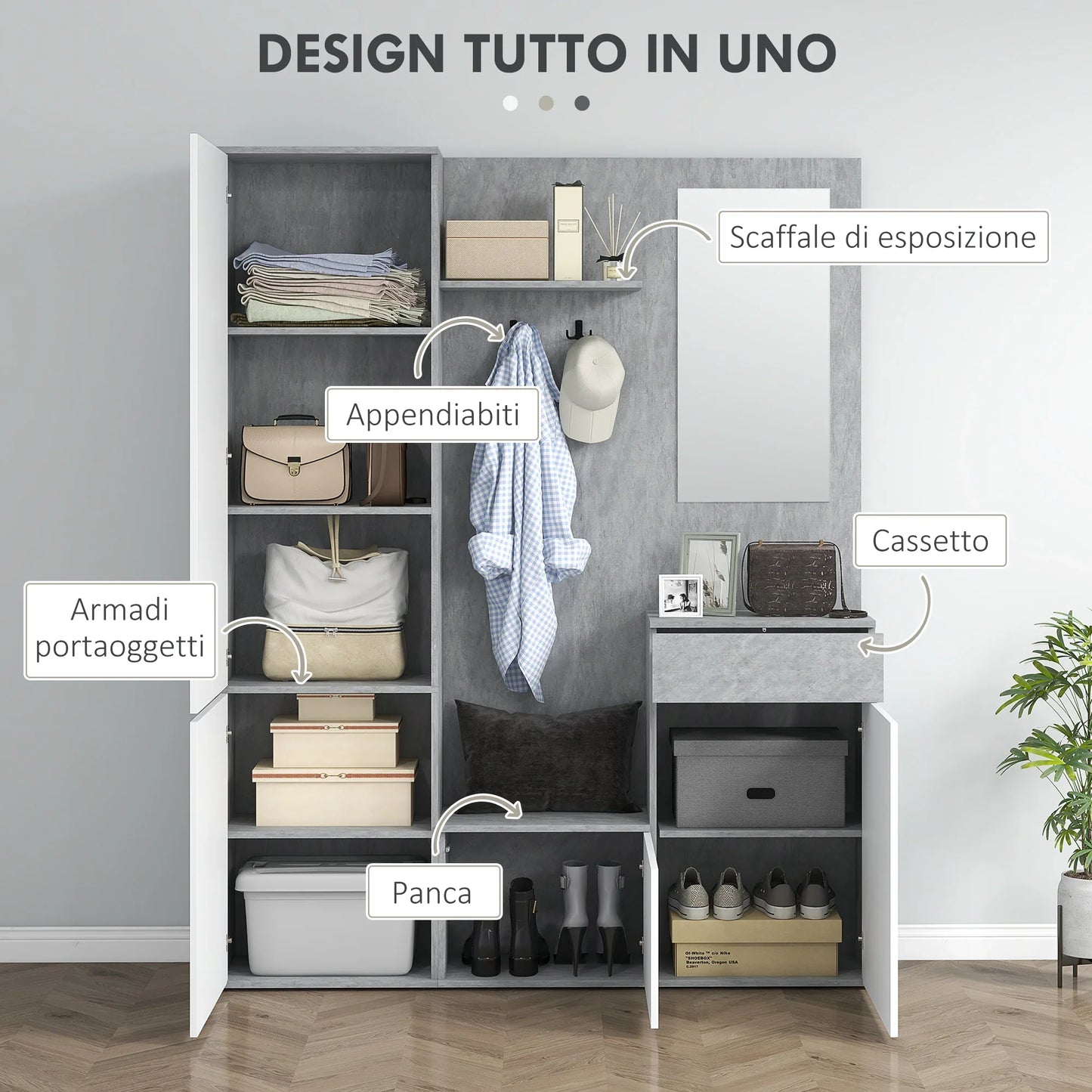 HOMCOM 4-in-1 Garderobenständer mit Spiegel, Haken und verstellbaren Innenregalen, Multitasking Holz-Garderobenmöbel mit Schublade, 145x29x184 cm, Grau und Weiß