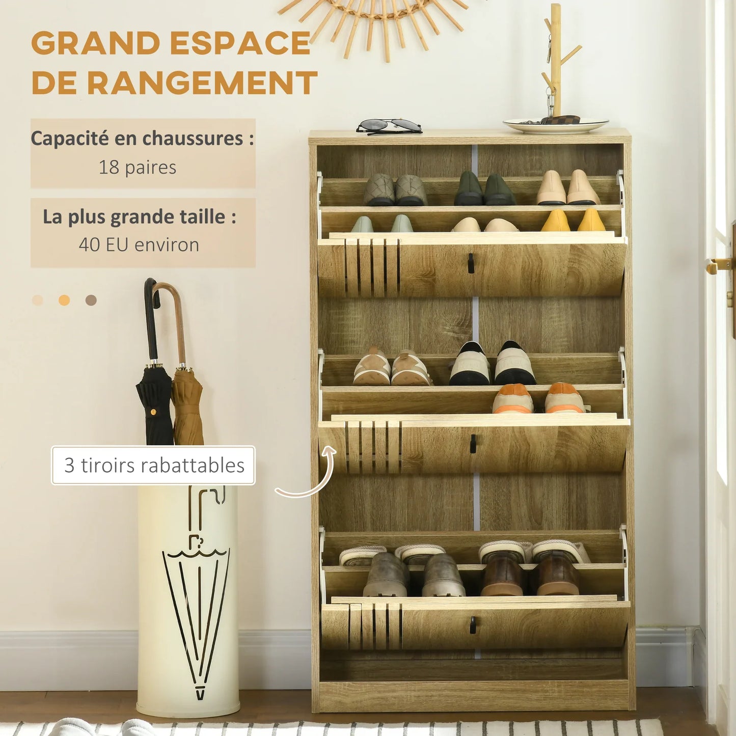HOMCOM Schuhschrank mit 3 Klappen, für 18 Paar, 3-Fächer Schuhschrank, große Kapazität für Eingangsbereich, Flur, Wohnzimmer, 63 x 24 x 117 cm, Eiche