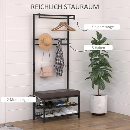 HOMCOM Kleiderständer mit 5 Haken und Schuhbank mit 2 Ebenen, Metallkleiderständer für Flur, Schlafzimmer, 72,5 x 35 x 180 cm
