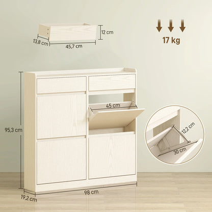 HOMCOM Schmaler Schuhschrank mit 4 Klapptüren – Schuhaufbewahrung mit 2 Schubladen für 8 Paare Schuhe, ideal für den Flur - 98x19,2x95,3 cm Weiß