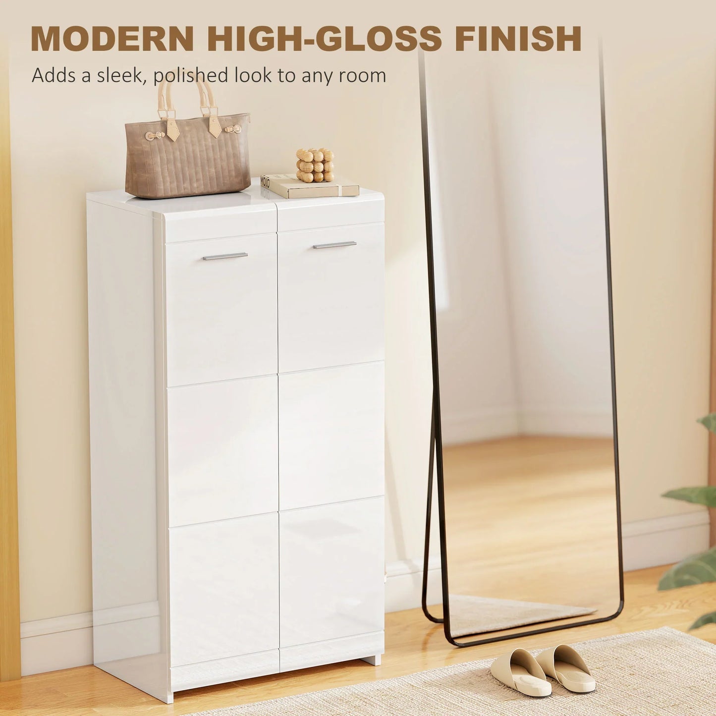 HOMCOM Schuhschrank, 2-türig, 5 Ablagen, verstellbare Einlegeböden, fasst 10 Paar, Hochglanzweiß, 55 x 36 x 108 cm