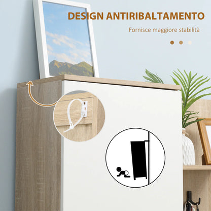 HOMCOM 4-in-1 Garderobenständer mit Spiegel, Haken und verstellbaren Regalen, multifunktionales Möbelstück für den Eingangsbereich aus Holz mit Schublade, 145x29x184 cm, Naturholz und Weiß
