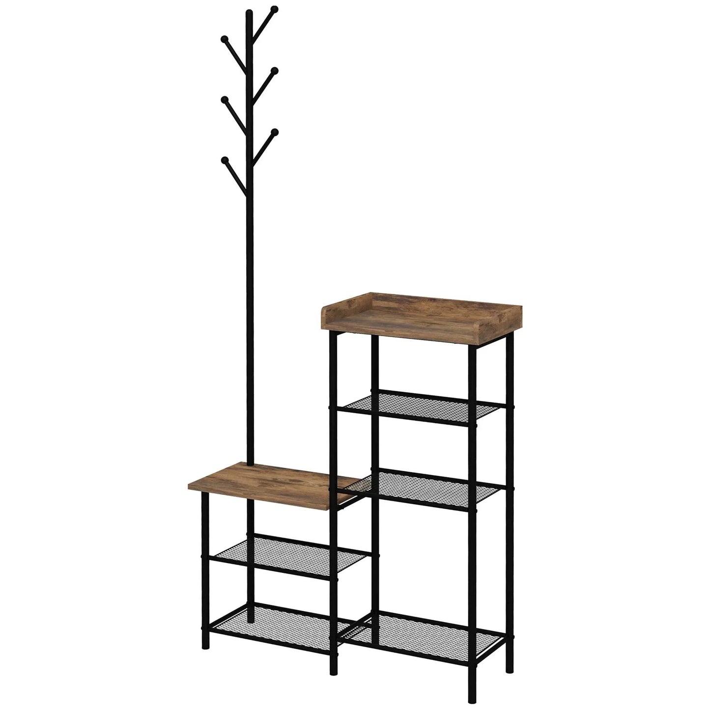 HOMCOM Garderobenständer mit Schuhregal und 5 Regalen - Garderobenständer mit 6 Haken zum Aufhängen von Taschen und Kleidung im Industrie-Design 92,5x28,2x182 cm Rustikal Braun