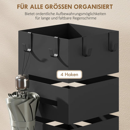 HOMCOM Metall-Schirmständer, quadratisch, mit abnehmbarer Tropfschale & 4 Haken, für Diele, 15,5 x 15,5 x 49 cm, Schwarz