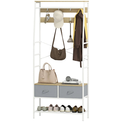 HOMCOM Garderobe mit Schuhregal – Eingangsbereich Garderobe mit Schuhregal, 8 Haken, 2 Stoffschubladen, Maschenregal im industriellen Stil für hängende Kleidung – Flur, Schlafzimmer, Wohnzimmer 80x30x180,5 cm Natur