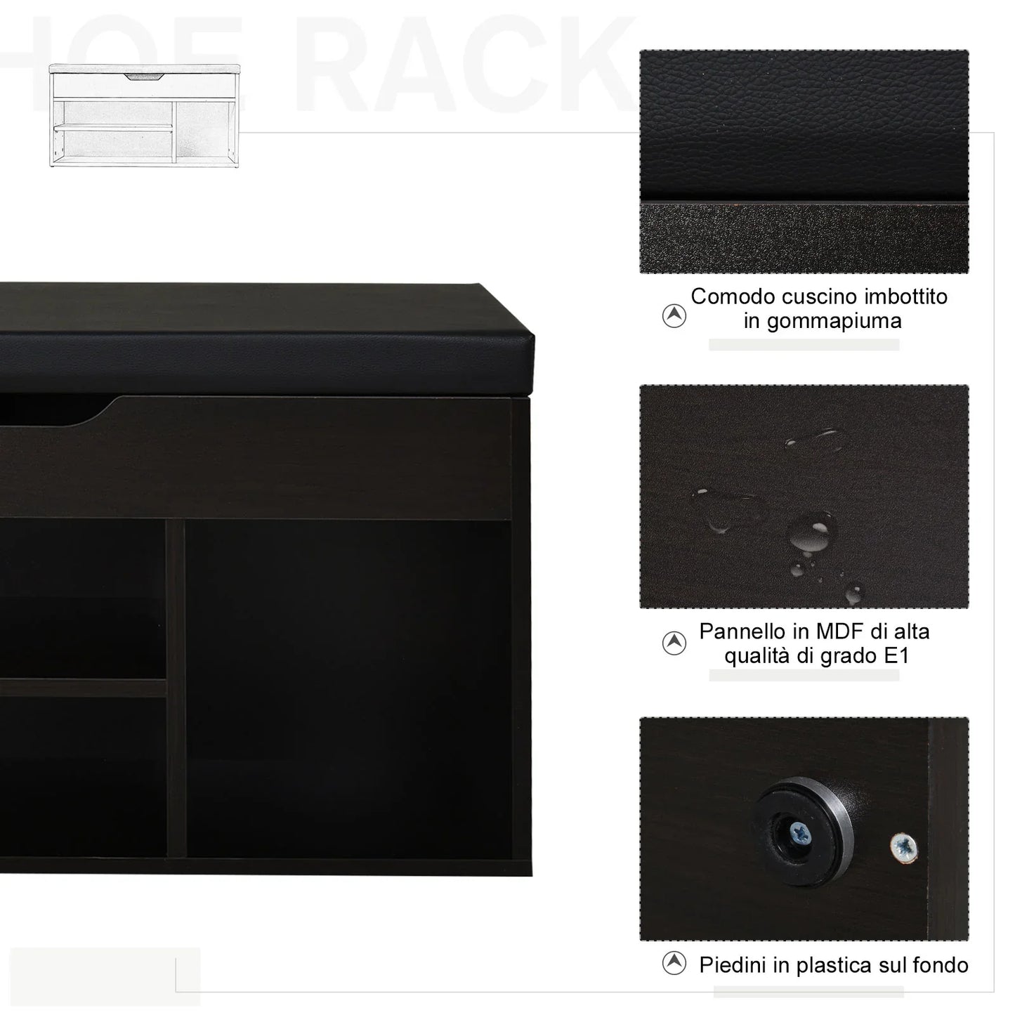 HOMCOM Gepolsteter Schuhschrank für den Eingangsbereich, Schuhschrank mit Schuhregal, 3 Fächer, Sitzfläche aus PU-Leder, für Wohn- und Flurbereich, 80x30x43 cm, Schwarz