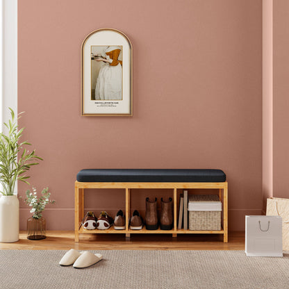 HOMCOM Bambus-Schuhbank mit gepolstertem Sitz und offener Ablage für Flur & Eingangsbereich, 102 x 33 x 45 cm, Naturholz