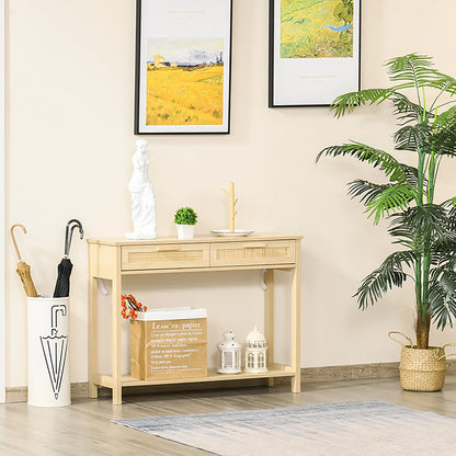 HOMCOM Konsolentisch Flurtisch mit 2 Schubladen Rattanoberfläche und unterem Regal für Flur Wohnzimmer Schlafzimmer Rustikaler Stil 100x30x76 cm Natur
