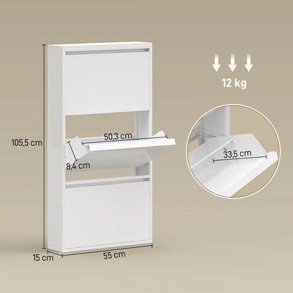 HOMCOM Metall-Schuhschrank mit 3 Klappen — schlanker wandmontierter Schuhschrank für 6 Paar, 55 x 15 x 105,5 cm, Weiß