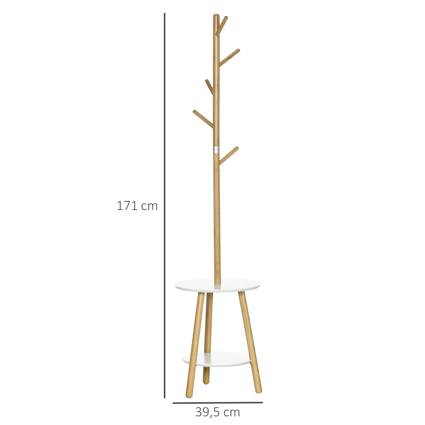 HOMCOM 2-in-1 Bambus Kleiderständer Baum mit 2 Ablagen und 5 Haken für Kleidung und Taschen, Aluminiumrahmen für Eingangsbereich und Schlafzimmer, 39,5x39,5x171 cm Natur