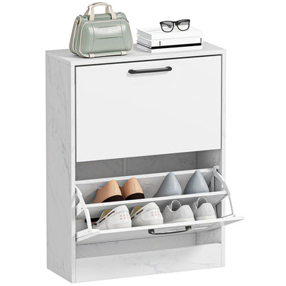HOMCOM schmaler Schuhschrank mit 2 Hochglanz‑Klapp­türen, verstellbaren Einlegeböden, Marmor‑Design, für bis zu 8 Paar – Weiß (60 x 24 x 80 cm)