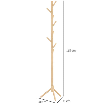 HOMCOM Freistehender Kleiderständer mit 8 Haken - Holz Kleiderbaum für Flur, Eingangsbereich, Schlafzimmer 40x40x165 cm Natur