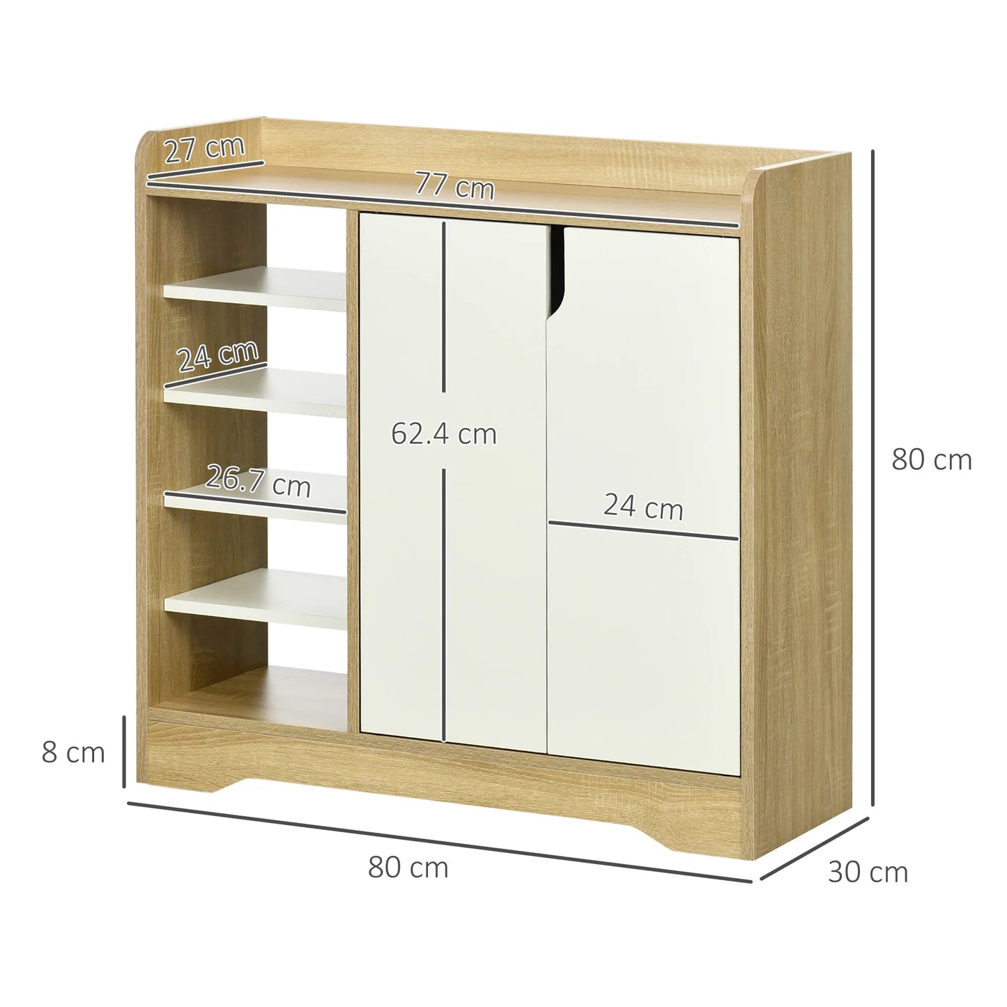 HOMCOM Moderner Schuhschrank Schmaler Schuhregal mit 2 Türen Stauraum für 13 Paar Schuhe Flur & Diele 80x30x80 cm Natur und Weiß