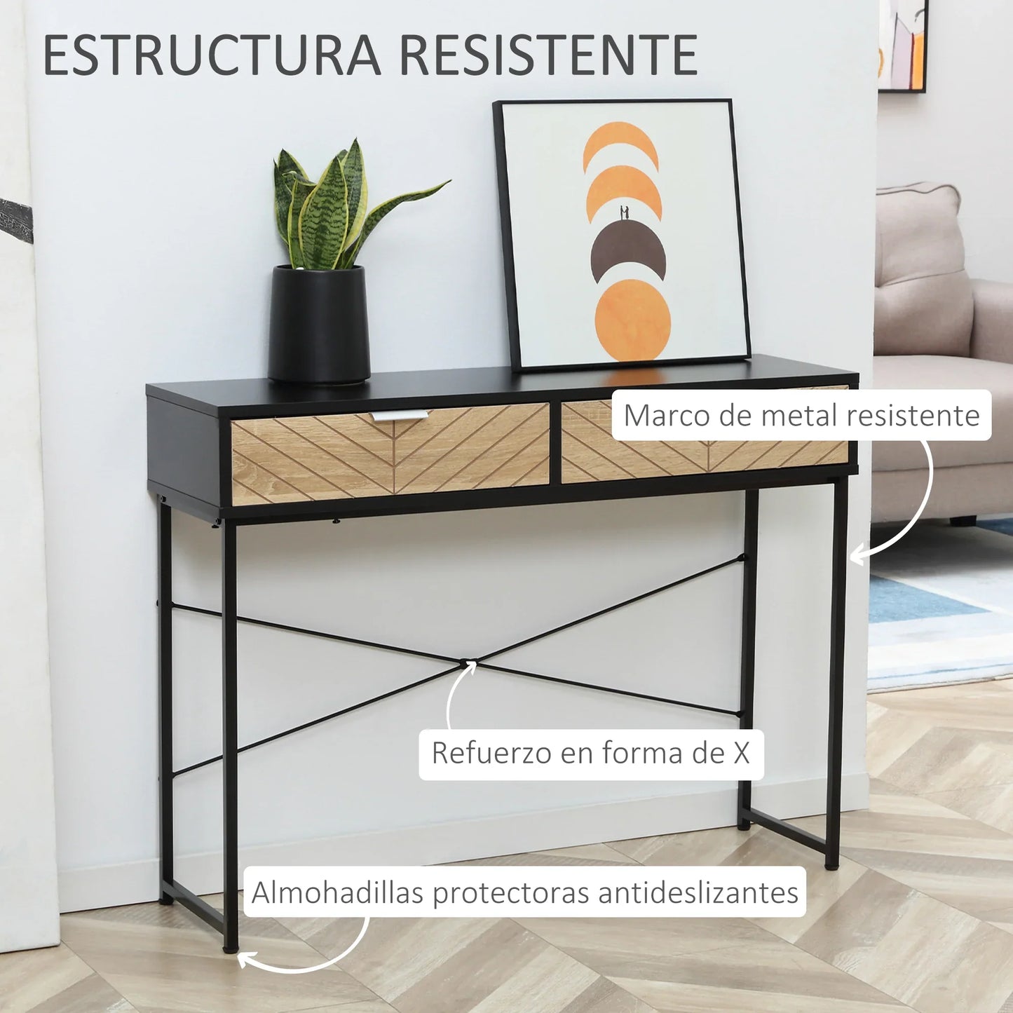 HOMCOM Schmale Konsole Eingangstisch mit 2 Schubladen, geschnitzte Linien, modernes Design für Flur, Eingangsbereich, Wohnzimmer und Schlafzimmer, 100x30x75 cm, Schwarz und Eiche