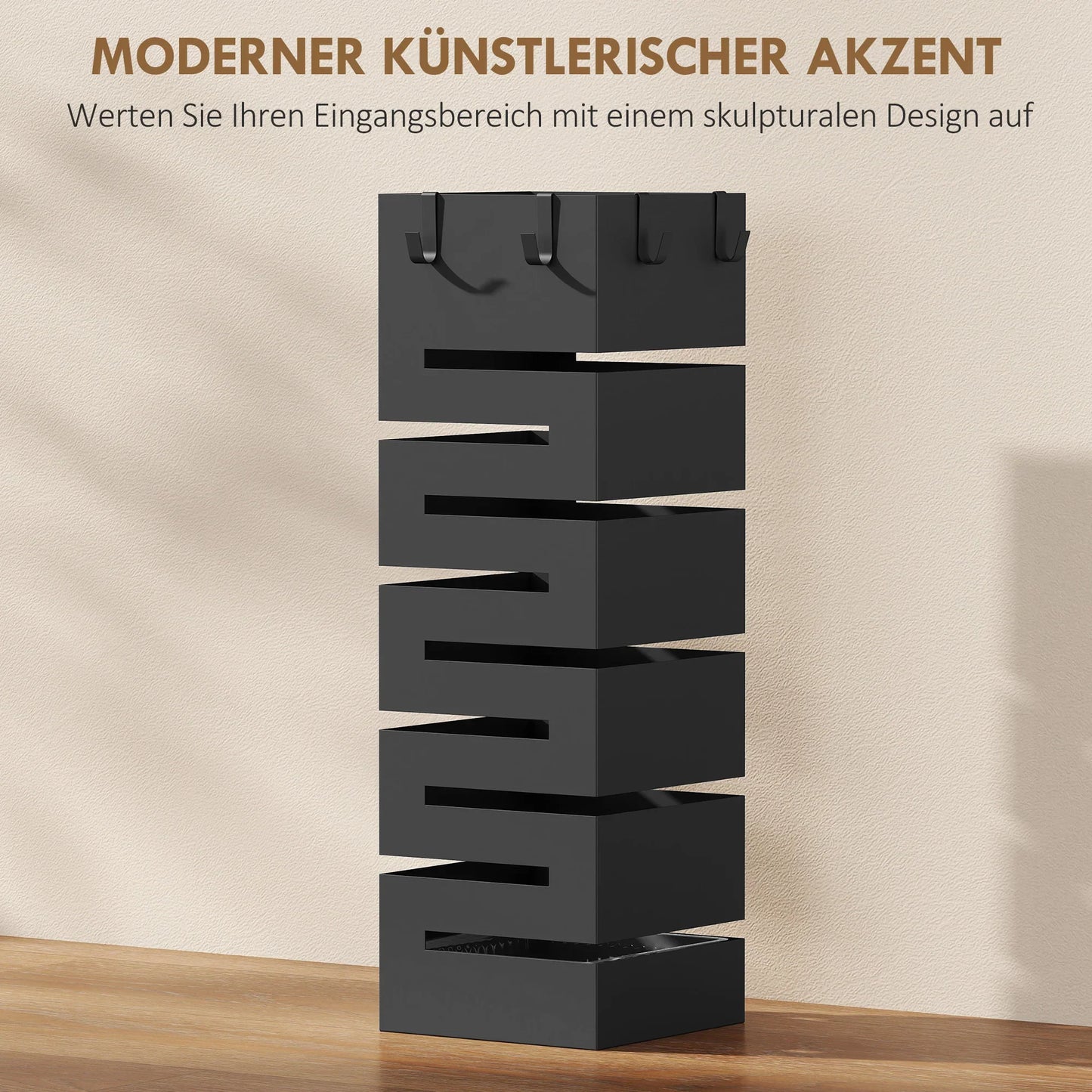 HOMCOM Metall-Schirmständer, quadratisch, mit abnehmbarer Tropfschale & 4 Haken, für Diele, 15,5 x 15,5 x 49 cm, Schwarz
