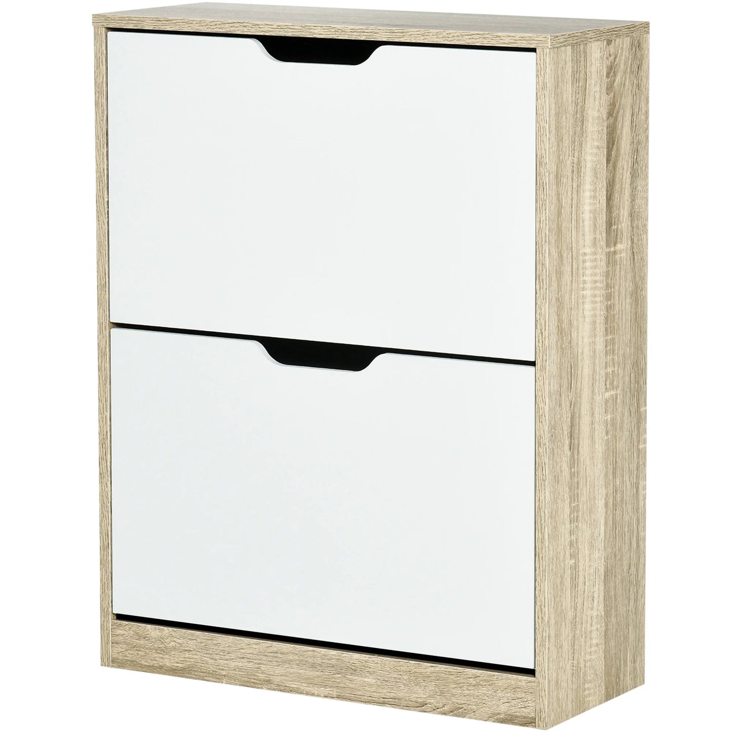 HOMCOM Schuhschrank aus Holz mit 2 Klapptüren und 4 Ablagefächern für 8 Paar Schuhe für Flur, Diele, Schlafzimmer 62,5x26x81 cm Weiß und Natur
