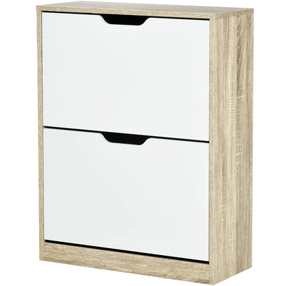 HOMCOM Schuhschrank aus Holz mit 2 Klapptüren und 4 Ablagefächern für 8 Paar Schuhe für Flur, Diele, Schlafzimmer 62,5x26x81 cm Weiß und Natur