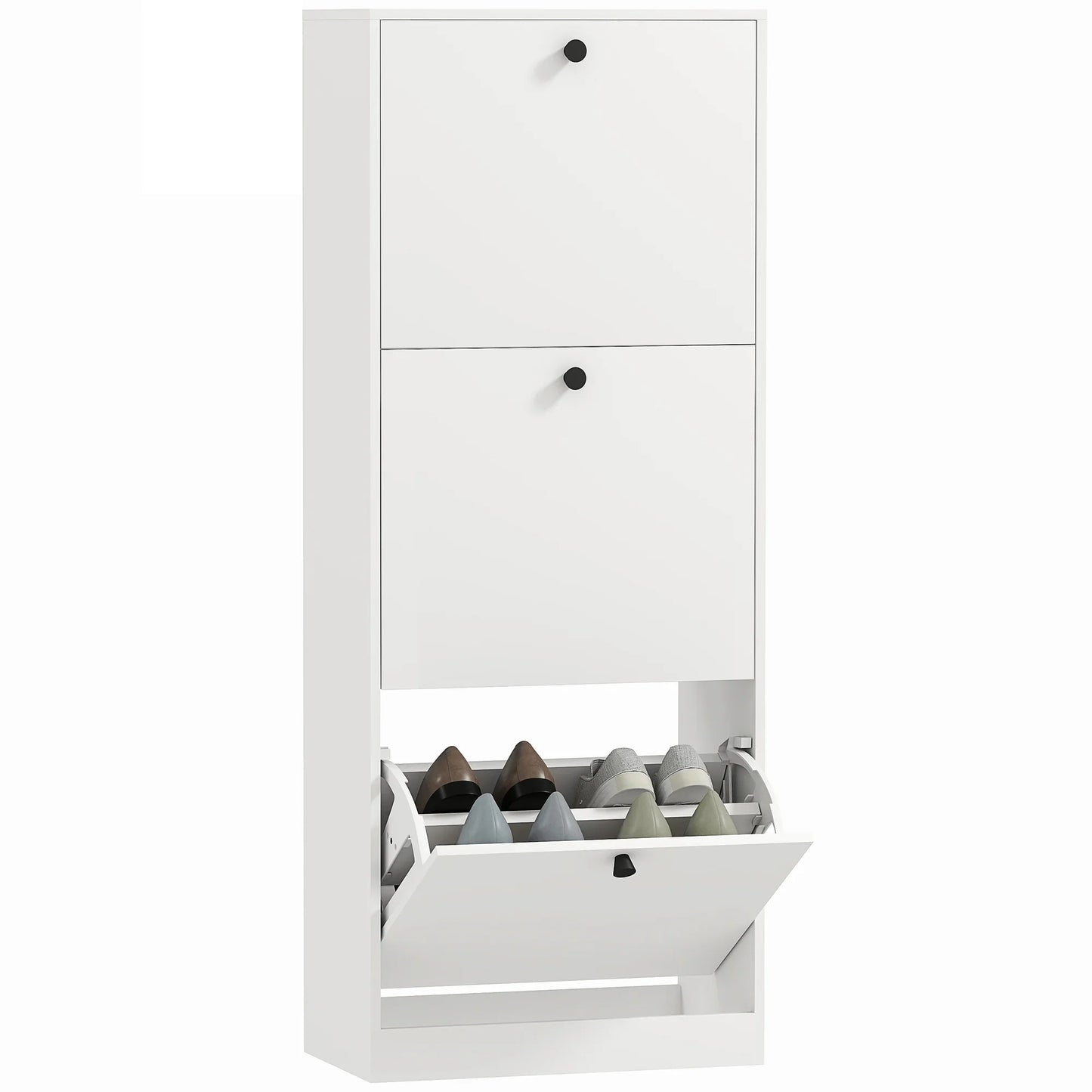 HOMCOM Schuhschrank mit 3 Klappen, Schuhregal mit verstellbarem Fach, schmaler Schuhschrank für 12 Paar Schuhe 47 x 26 x 120 cm, Weiß