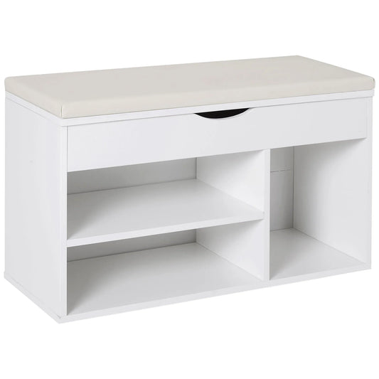HOMCOM Schuhbank mit Sitzplatz – Moderne Schuhaufbewahrung für den Eingangsbereich mit Schublade, offenen Regalen und 1 Kissen für Flur 80x30x47cm