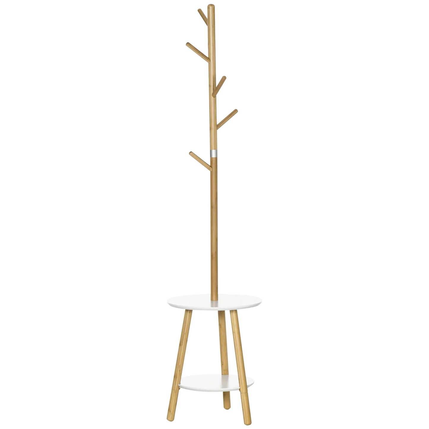 HOMCOM 2-in-1 Bambus Kleiderständer Baum mit 2 Ablagen und 5 Haken für Kleidung und Taschen, Aluminiumrahmen für Eingangsbereich und Schlafzimmer, 39,5x39,5x171 cm Natur