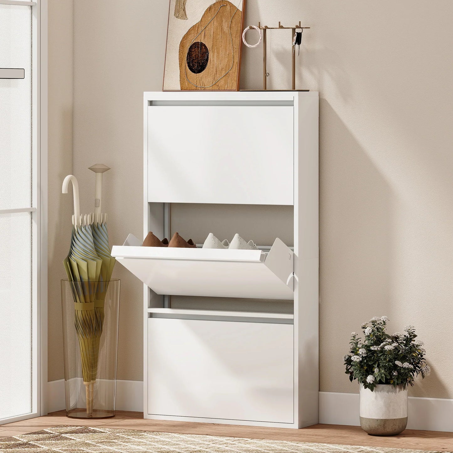 HOMCOM Metall-Schuhschrank mit 3 Klappen — schlanker wandmontierter Schuhschrank für 6 Paar, 55 x 15 x 105,5 cm, Weiß