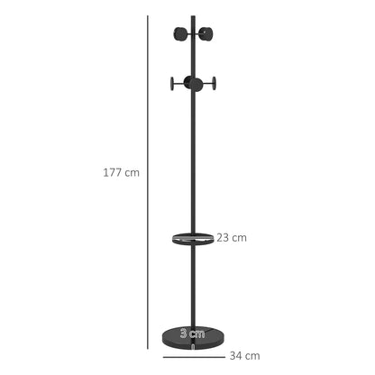 HOMCOM Freistehender Garderobenständer mit Regenschirmständer – Metall-Garderobe mit 12 Haken für Regenschirme und Taschen, Baumform für Flur, Eingangsbereich, Schlafzimmer Ø34x177 cm Schwarz