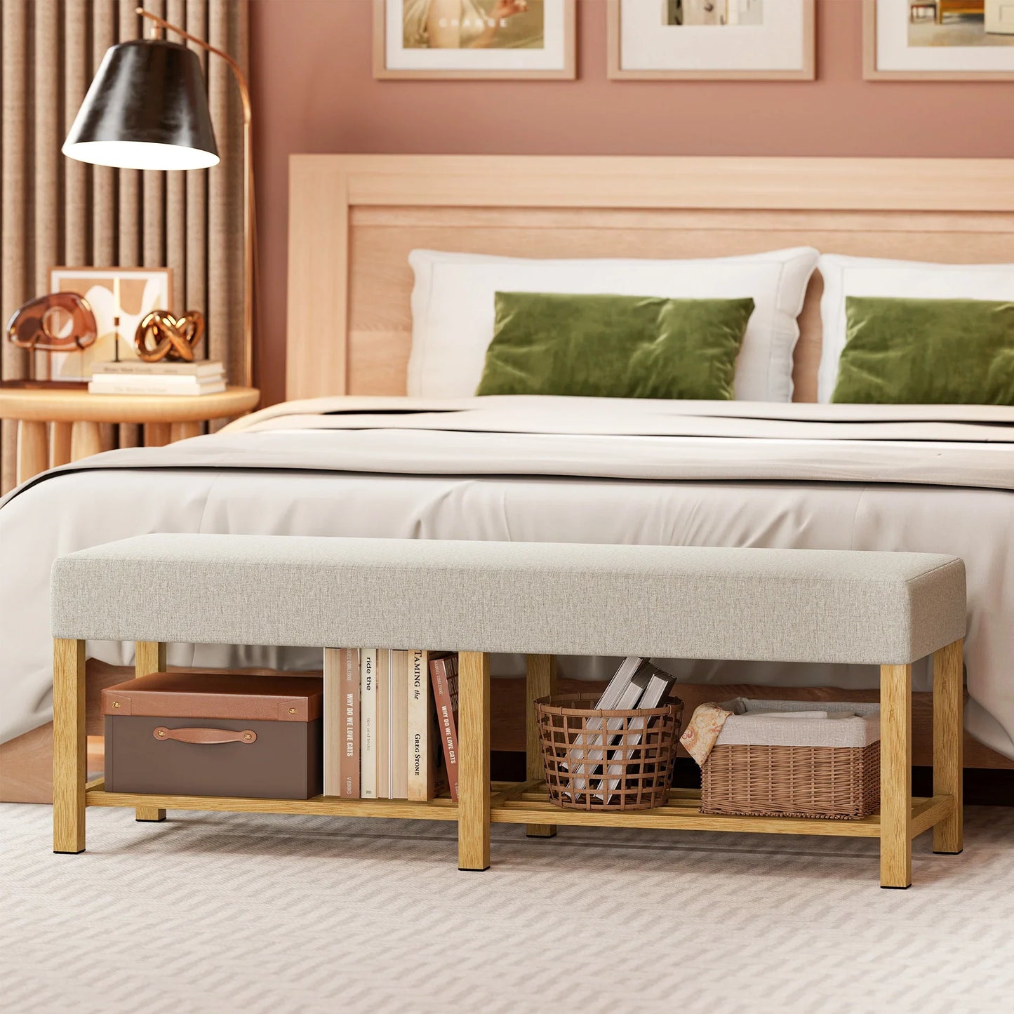 HOMCOM Schuhbank — Moderner Flurbank mit gepolstertem Sitz für 2, offene Schuhablage, Gummibaumholz, für Flur, Diele, Wohnzimmer, 140 x 44 x 48 cm, Creme & Naturholz