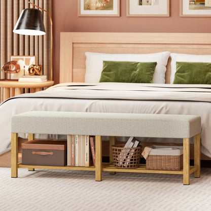 HOMCOM Schuhbank — Moderner Flurbank mit gepolstertem Sitz für 2, offene Schuhablage, Gummibaumholz, für Flur, Diele, Wohnzimmer, 140 x 44 x 48 cm, Creme & Naturholz