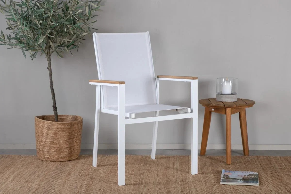 2er Set Gartenstuhl Lua - aus weißem Aluminium, mit Sitzfläche aus Textilene und Teakholz-Details