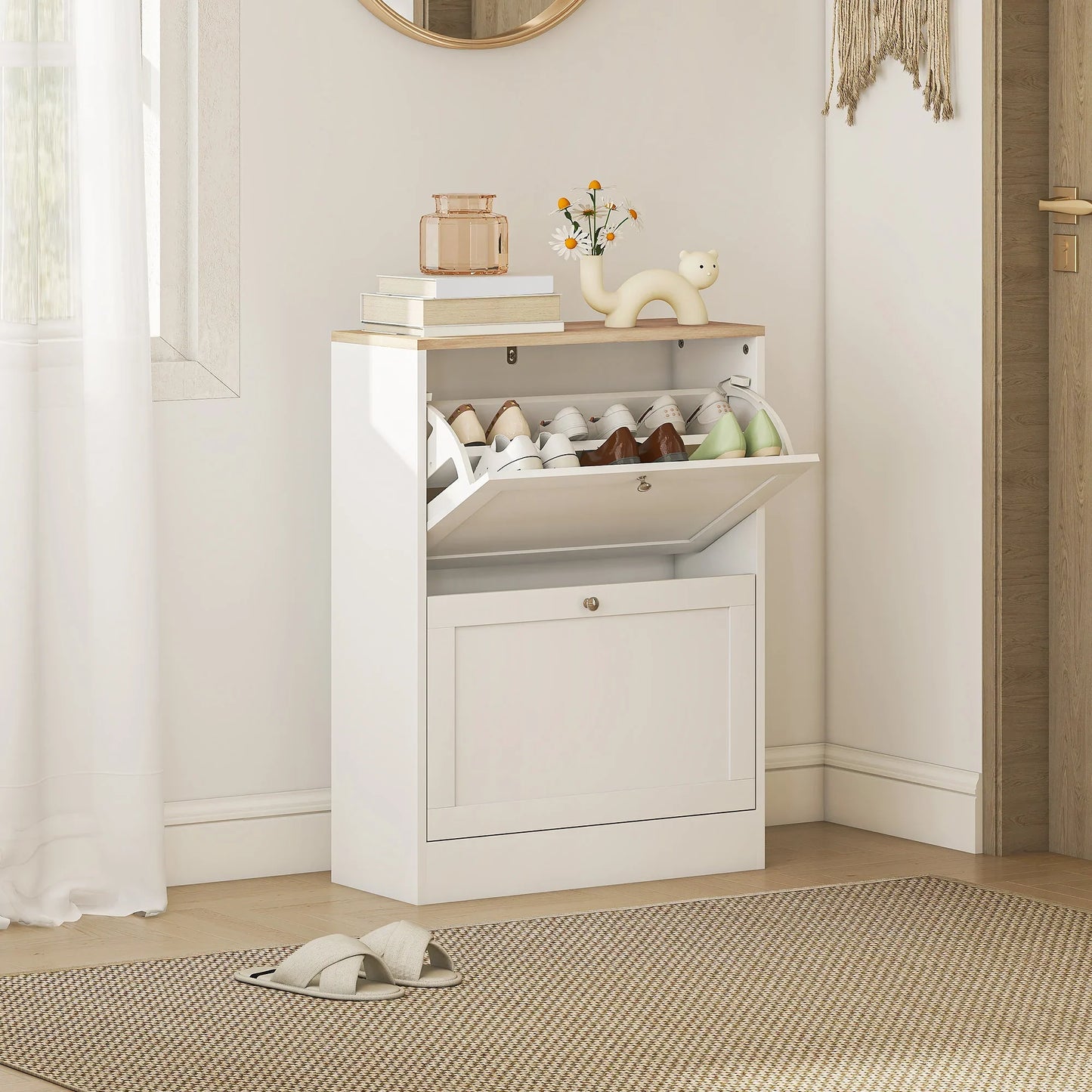 HOMCOM Schuhschrank für 12 Paare, schmaler Schuhaufbewahrungsschrank, modernes Möbelstück für den Eingangsbereich mit 2 Klappschubladen und verstellbaren Regalen, für Flur und Eingangsbereich, 60 x 24 x 80 cm, Weiß