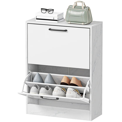 HOMCOM schmaler Schuhschrank mit 2 Hochglanz‑Klapp­türen, verstellbaren Einlegeböden, Marmor‑Design, für bis zu 8 Paar – Weiß (60 x 24 x 80 cm)