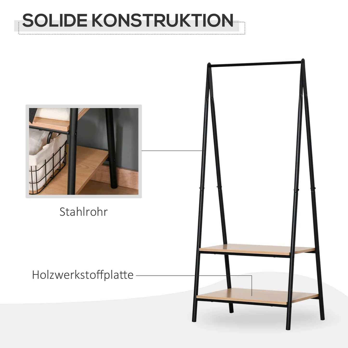 HOMCOM Kleiderständer mit Schuhablage, Wäscheablage, Metall + Holz Schwarz + Natur 64 x 42,5 x 149 cm