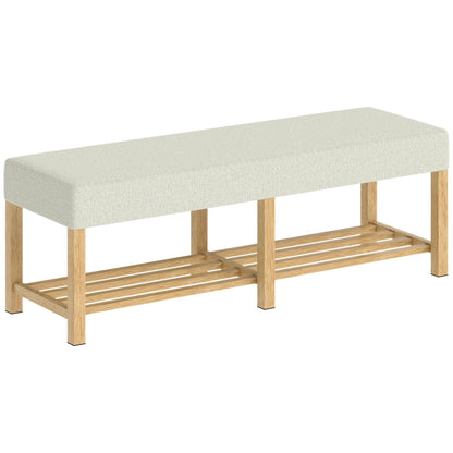 HOMCOM Schuhbank — Moderner Flurbank mit gepolstertem Sitz für 2, offene Schuhablage, Gummibaumholz, für Flur, Diele, Wohnzimmer, 140 x 44 x 48 cm, Creme & Naturholz