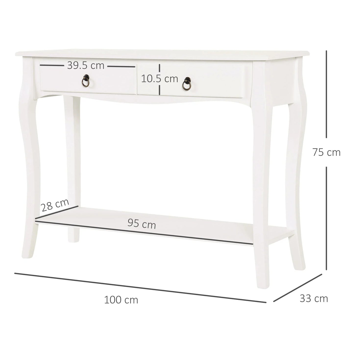 HOMCOM Konsolentisch Sideboard für Wohnzimmer und Flur, Akzenttisch mit Schubladen und Regal, elegantes Design 100x33x75cm Hochglanz Weiß