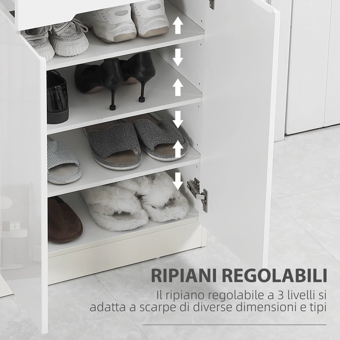HOMCOM Slim Schuhschrank für bis zu 12 Paare Schuhe für Eingänge und Flure mit 3 verstellbaren Regalen und Schublade aus glänzendem Spanplattenwerkstoff, 60x32x100 cm