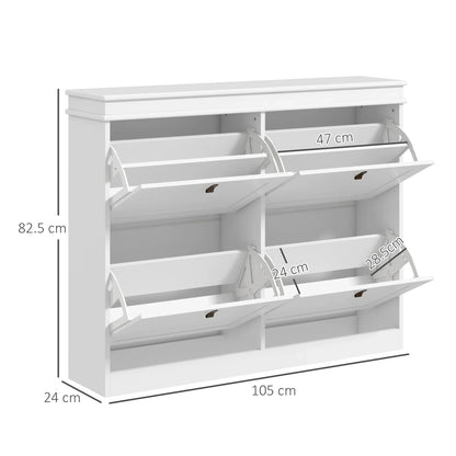 HOMCOM Weißer Schuhschrank Slim Schuhregal mit 4 Klapptüren und verstellbaren Regalen für 20 Paare Schuhe, Kippschutz für Eingangsbereich Flur 105x24x82,5 cm