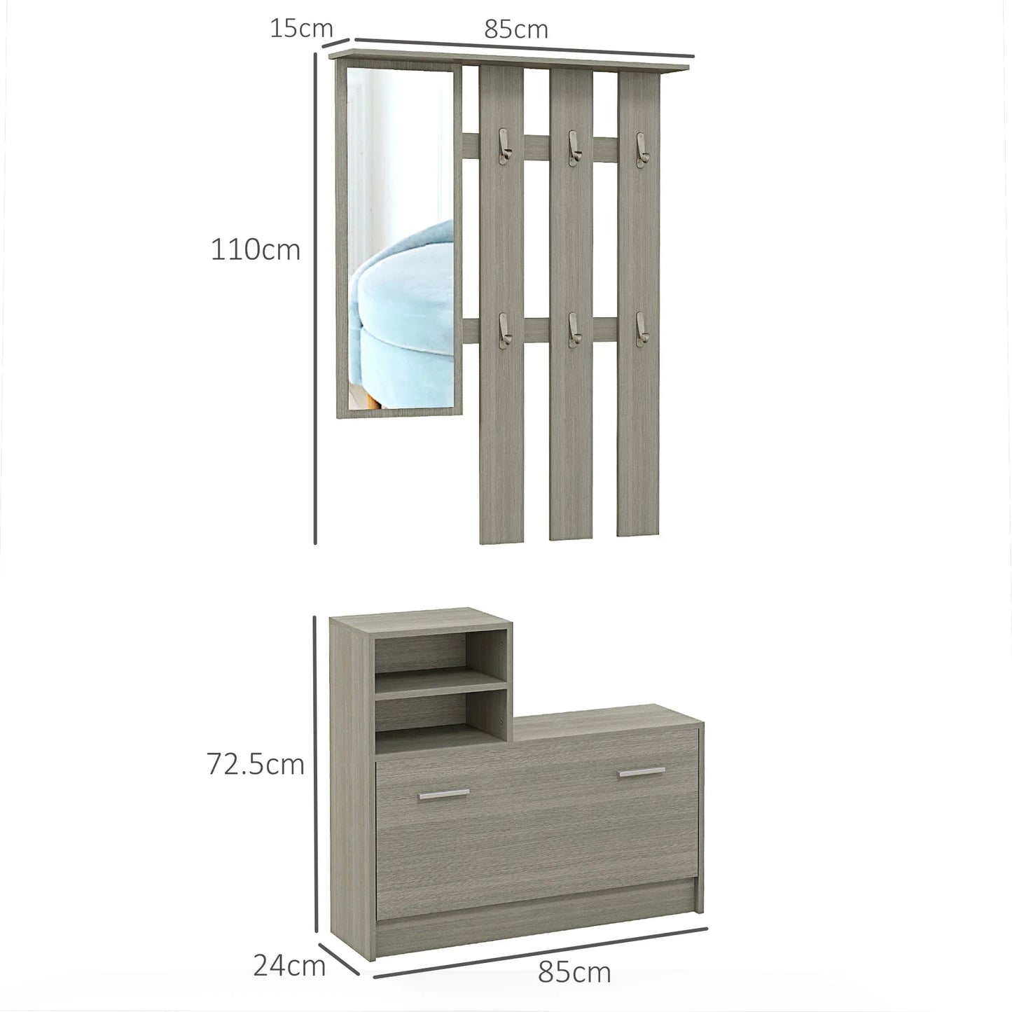 HOMCOM 4-in-1 Flurmöbel Set mit Garderobe, Spiegel, Sitzbank mit Regal und Schuhregal für 8 Paar Schuhe, Grau