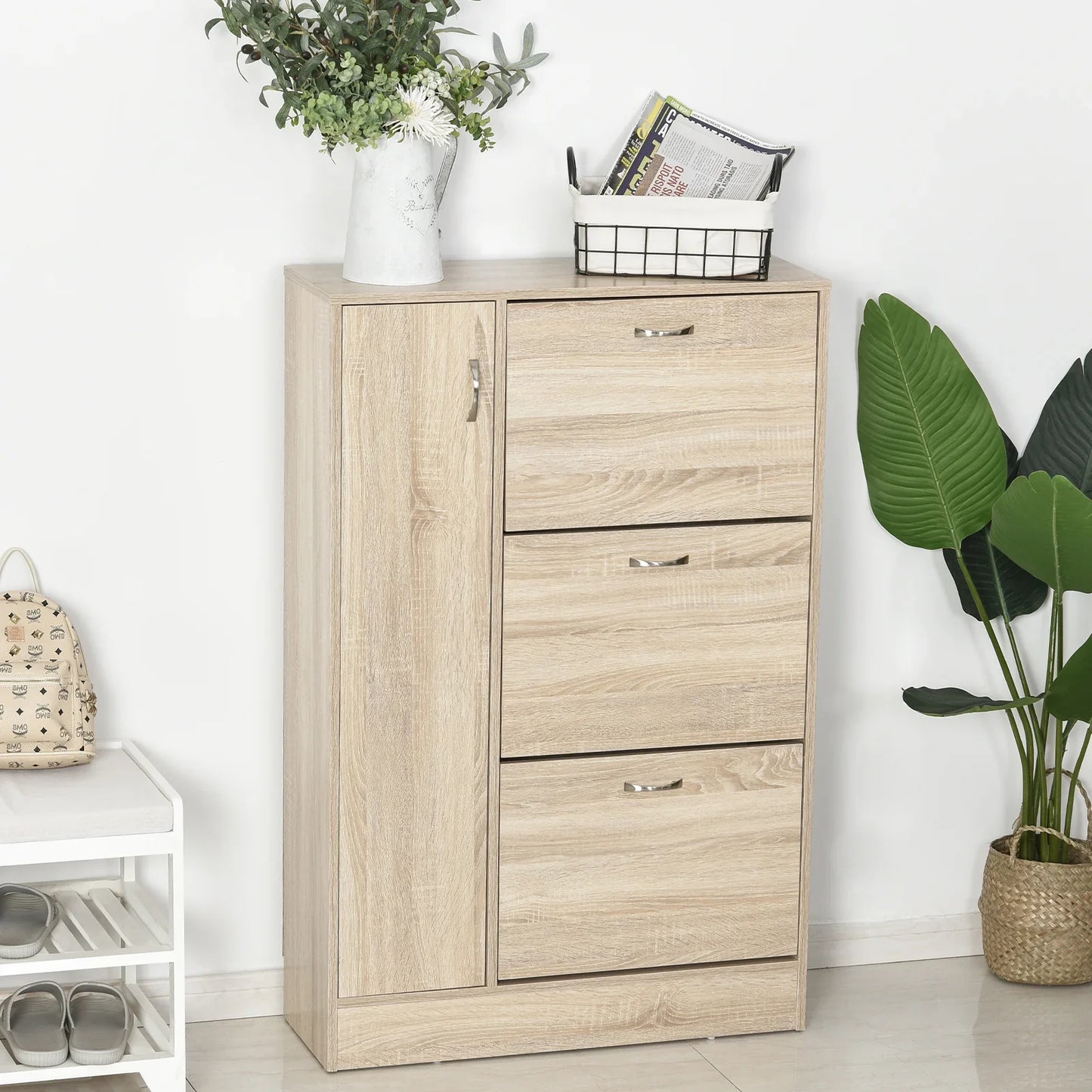 HOMCOM 2-in-1 Schuhschrank für Schuhe und Regenschirme, Großer Schrank mit verstellbarem Regal für 12 Paar, 79x26x120 cm, Holz