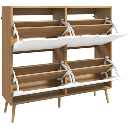 HOMCOM Schuhschrank mit 4 Klappen und verstellbaren Regalen, Schuhaufbewahrungsschrank für 16 Paar Schuhe, schmaler Schuhregal für den Eingangsbereich 95x26x95 cm Naturholz