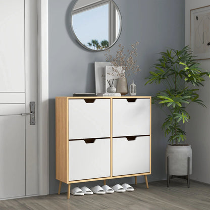 HOMCOM Schuhschrank mit 4 Klappen und verstellbaren Regalen, Schuhaufbewahrungsschrank für 16 Paar Schuhe, schmaler Schuhregal für den Eingangsbereich 95x26x95 cm Naturholz
