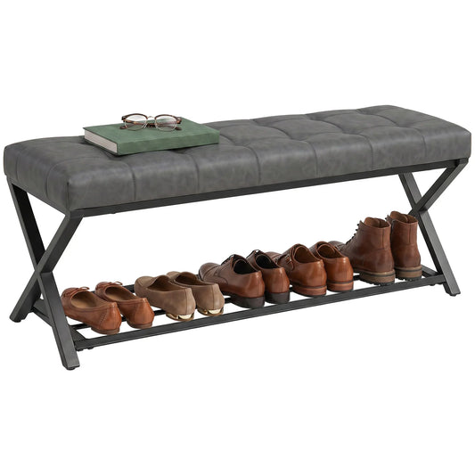 HOMCOM Gepolsterte Schuhbank mit Stauraum — Industrial X‑Frame Stahl, PU‑Kunstleder, 220 kg Tragfähigkeit, 112×37×47 cm, Dunkelgrau