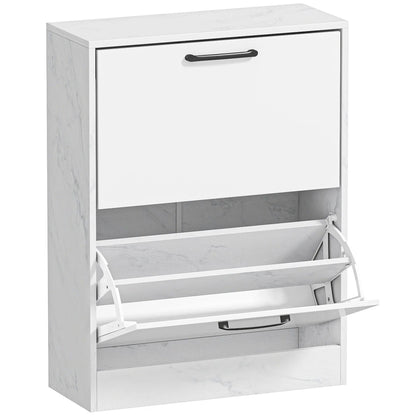 HOMCOM schmaler Schuhschrank mit 2 Hochglanz‑Klapp­türen, verstellbaren Einlegeböden, Marmor‑Design, für bis zu 8 Paar – Weiß (60 x 24 x 80 cm)