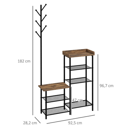 HOMCOM Garderobenständer mit Schuhregal und 5 Regalen - Garderobenständer mit 6 Haken zum Aufhängen von Taschen und Kleidung im Industrie-Design 92,5x28,2x182 cm Rustikal Braun