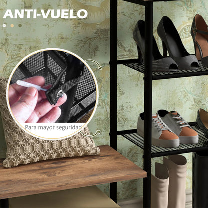HOMCOM Garderobenständer mit Schuhregal und 5 Regalen - Garderobenständer mit 6 Haken zum Aufhängen von Taschen und Kleidung im Industrie-Design 92,5x28,2x182 cm Rustikal Braun
