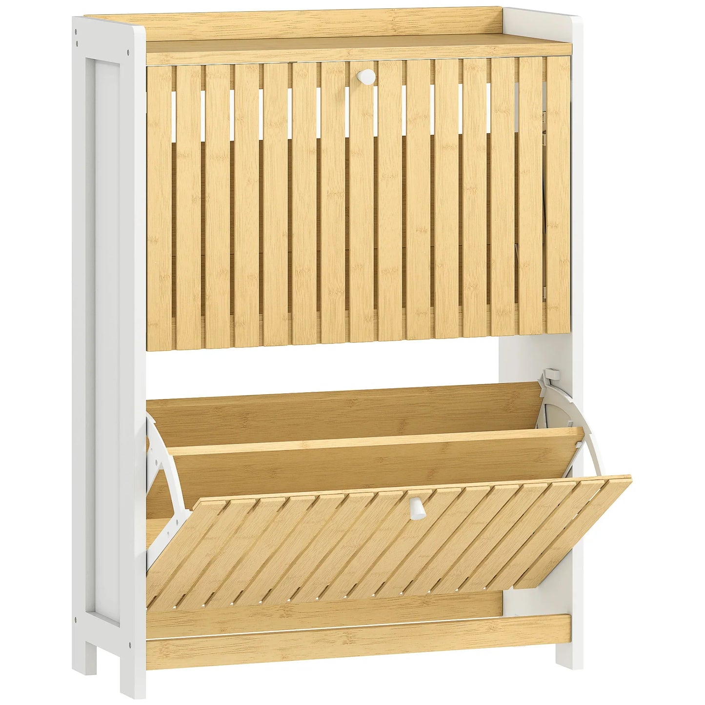 HOMCOM Schmaler Schuhschrank mit 2 Bambustüren und verstellbaren Regalen für 12 Paar Schuhe 60x24x82,5 cm Weiß und Natur