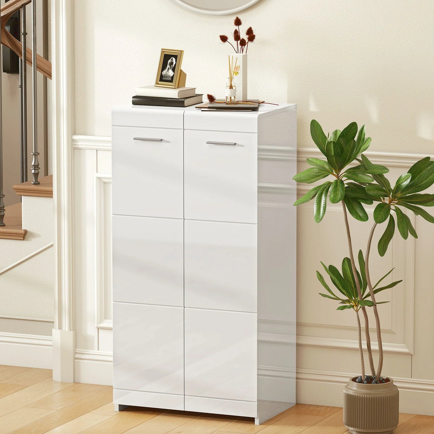 HOMCOM Schuhschrank, 2-türig, 5 Ablagen, verstellbare Einlegeböden, fasst 10 Paar, Hochglanzweiß, 55 x 36 x 108 cm