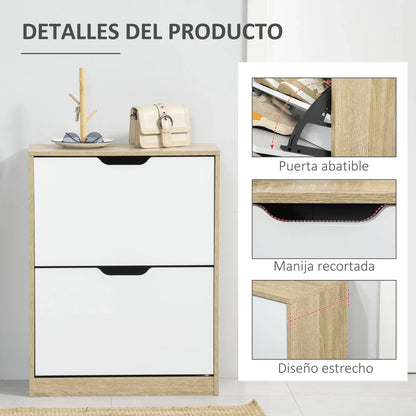 HOMCOM Schuhschrank aus Holz mit 2 Klapptüren und 4 Ablagefächern für 8 Paar Schuhe für Flur, Diele, Schlafzimmer 62,5x26x81 cm Weiß und Natur