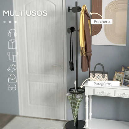 HOMCOM Freistehender Garderobenständer mit Regenschirmständer – Metall-Garderobe mit 12 Haken für Regenschirme und Taschen, Baumform für Flur, Eingangsbereich, Schlafzimmer Ø34x177 cm Schwarz