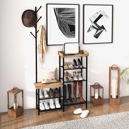 HOMCOM Garderobenständer mit Schuhregal und 5 Regalen - Garderobenständer mit 6 Haken zum Aufhängen von Taschen und Kleidung im Industrie-Design 92,5x28,2x182 cm Rustikal Braun
